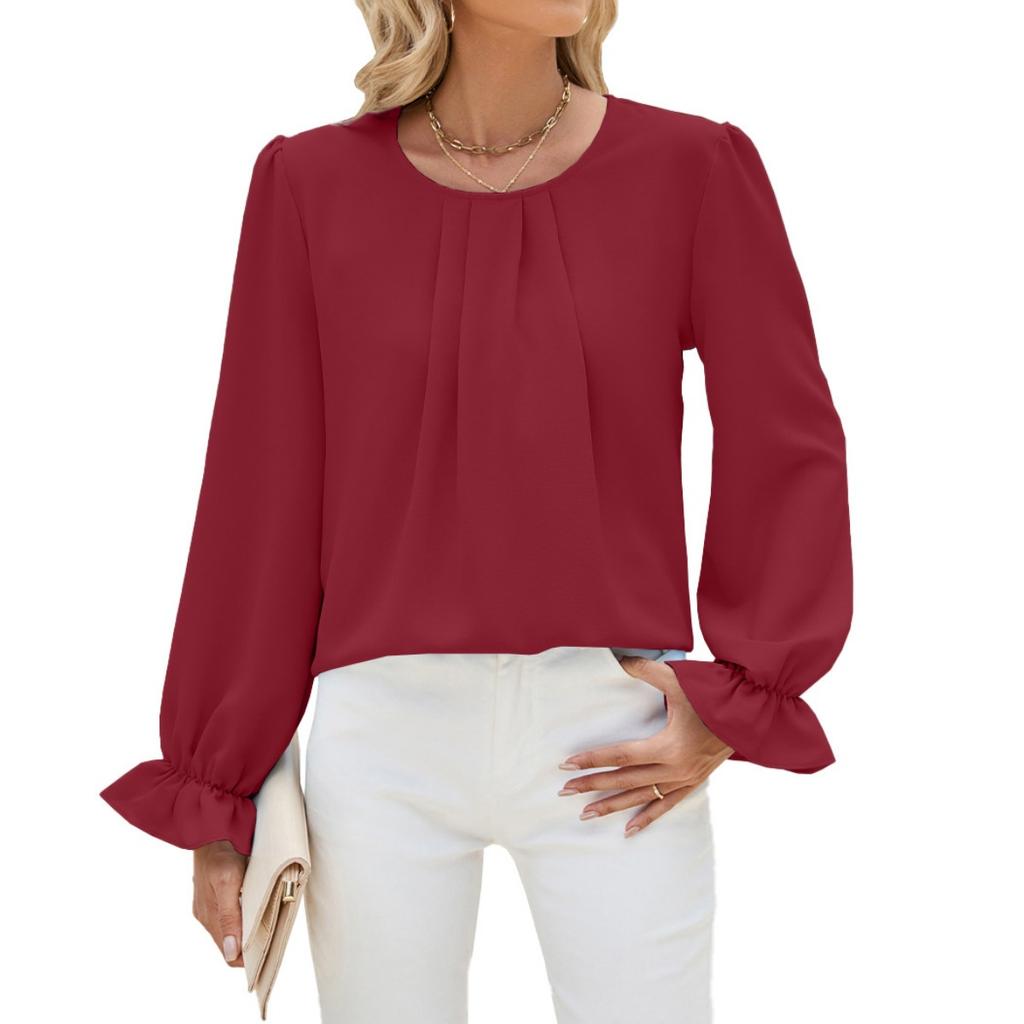 Fall Winter Solid Color Crew Neck Loose Long Sleeve Chiffon Top Base Shirt for Leisure Europe US Leisure Women
