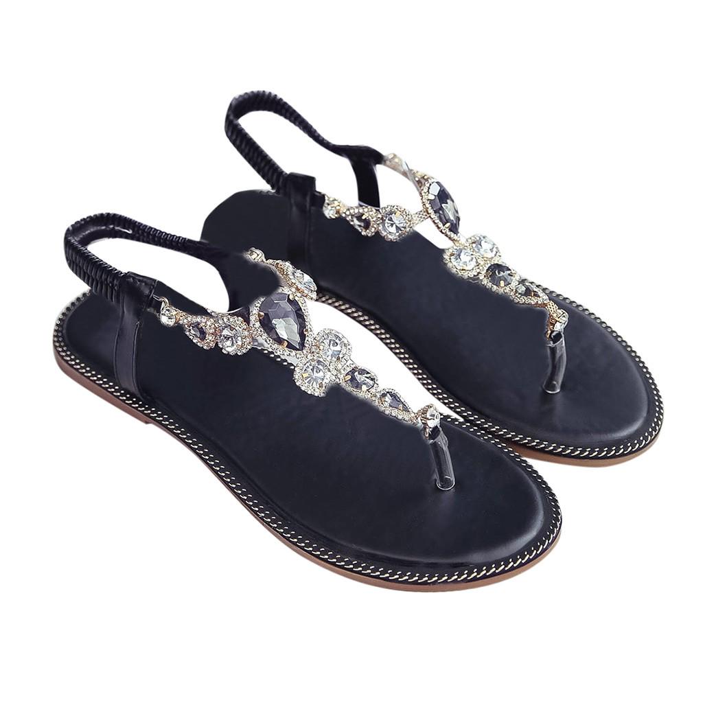 Женские сандалии с толстым носком в этническом стиле богемная пляжная обувь со стразами 35 чёрный 1980₽