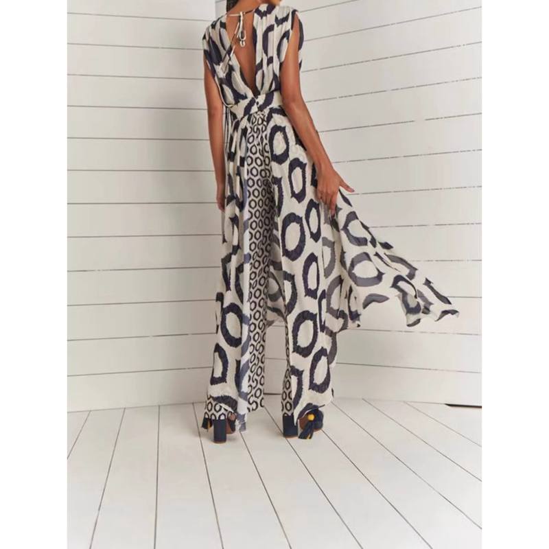 Elegant Printed Sleeveless Lace Up Tops+Slim Pants Suit Chic Double V Hollow Out 2 Piece Sets Summer New Casual Vacation Outfits