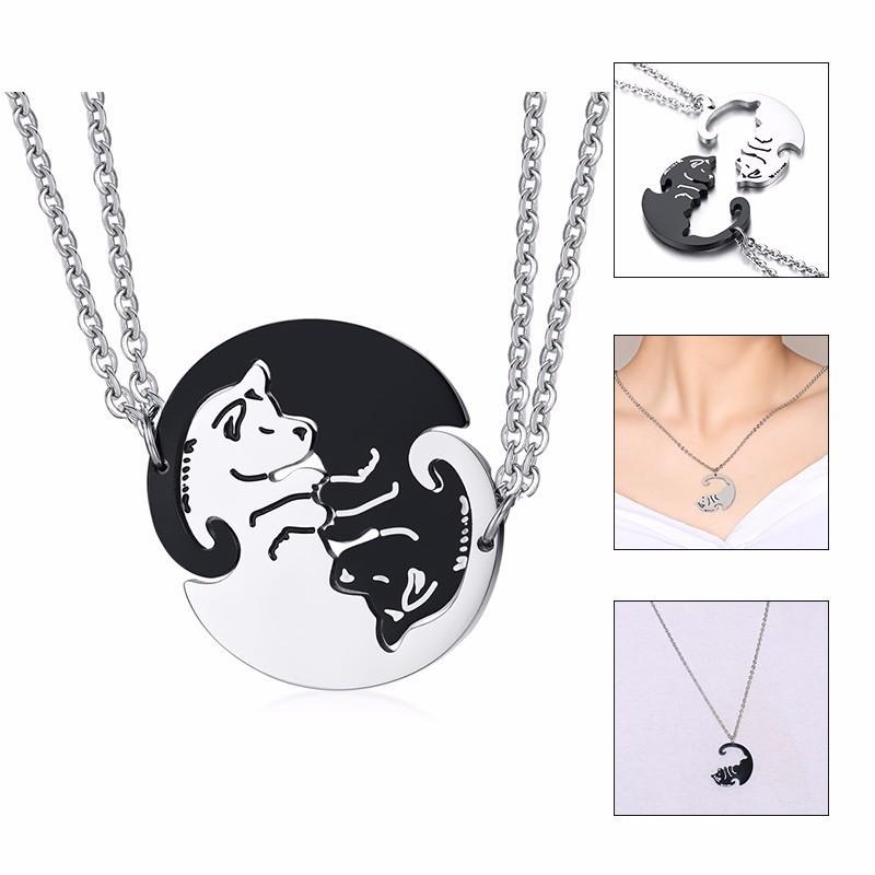 

2 Pcs/Set Cute Cat Dog Shape Heart Puzzle Couples Necklaces for Women Men Stainless Steel Pendants Lover Promise Keepsake Gifts 60cm 24inches