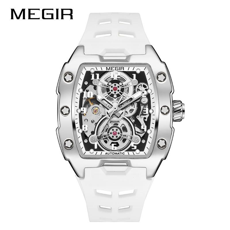 

MEGIR Automatic Mechanical Watch for Men Fashion Casual Sport Waterproof Wristwatch Male with Silicone Strap Tonneau Dial белый