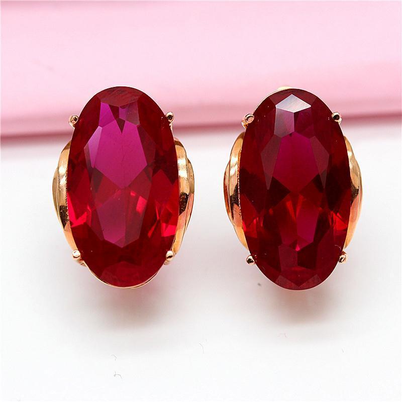 Exquisite Russian 585 Purple Gold Earrings Rose Gold Plated Inlaid Oval Egg Surface Redstone Foreign Style Fashion Earrings