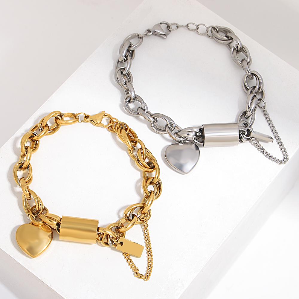 DZ Gold Color Thick Chain Stainless Steel Bracelets for Women Fashion Design Heart Love Pendant Wrist Zircon