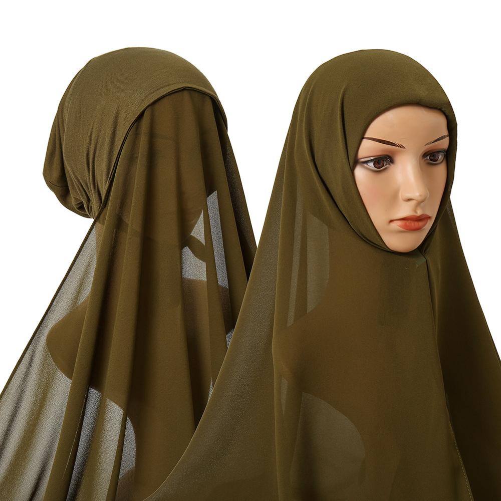 Bubblig Tung Chiffong Hijab Med Hätta Elastisk Snöre Fri Användning Stil Hijabs Enfärgad Sjal För Muslimer Håltagningfri Turban