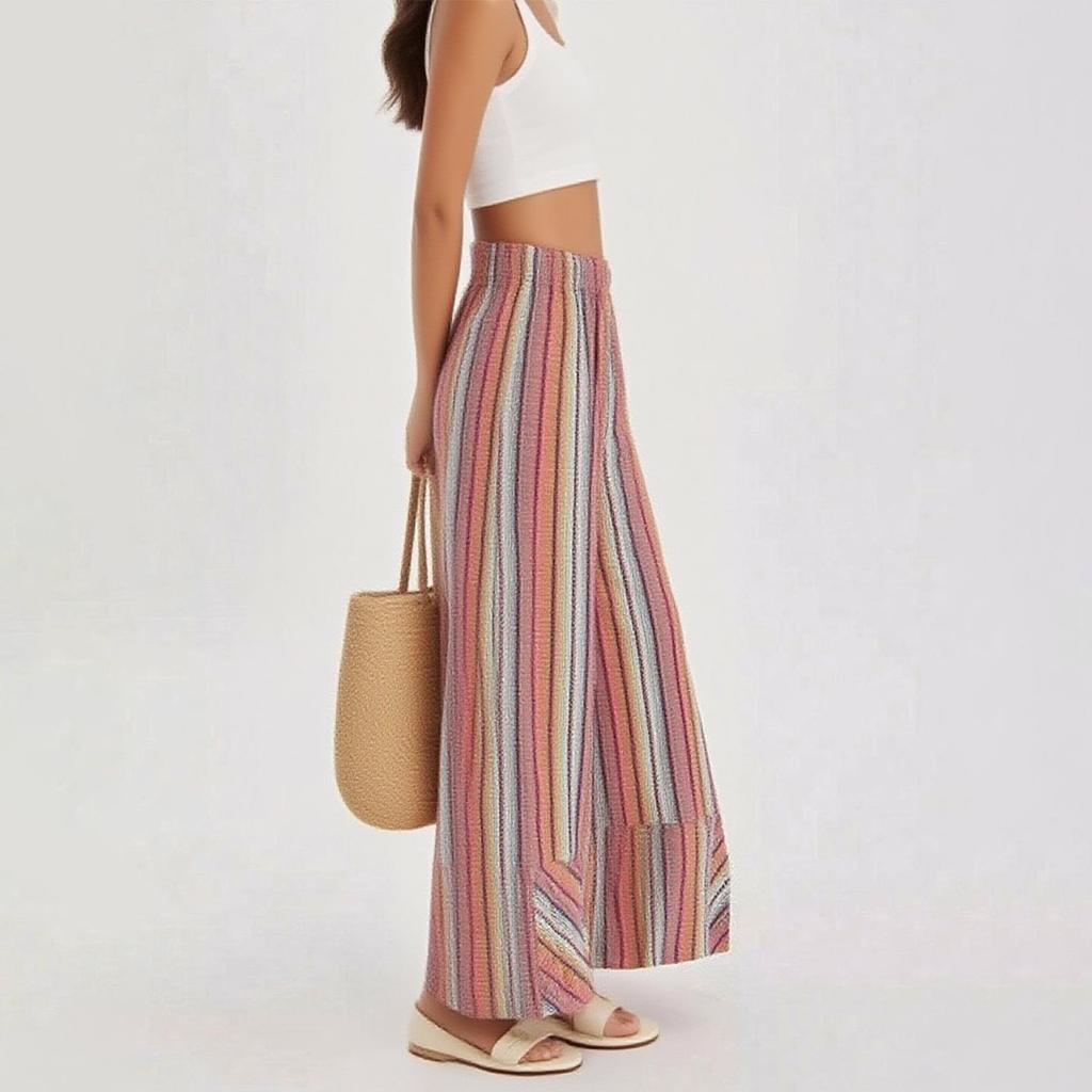 Women's Striped Wide Leg Palazzo Pants Elastic High Waisted Baggy Loose Long Trousers