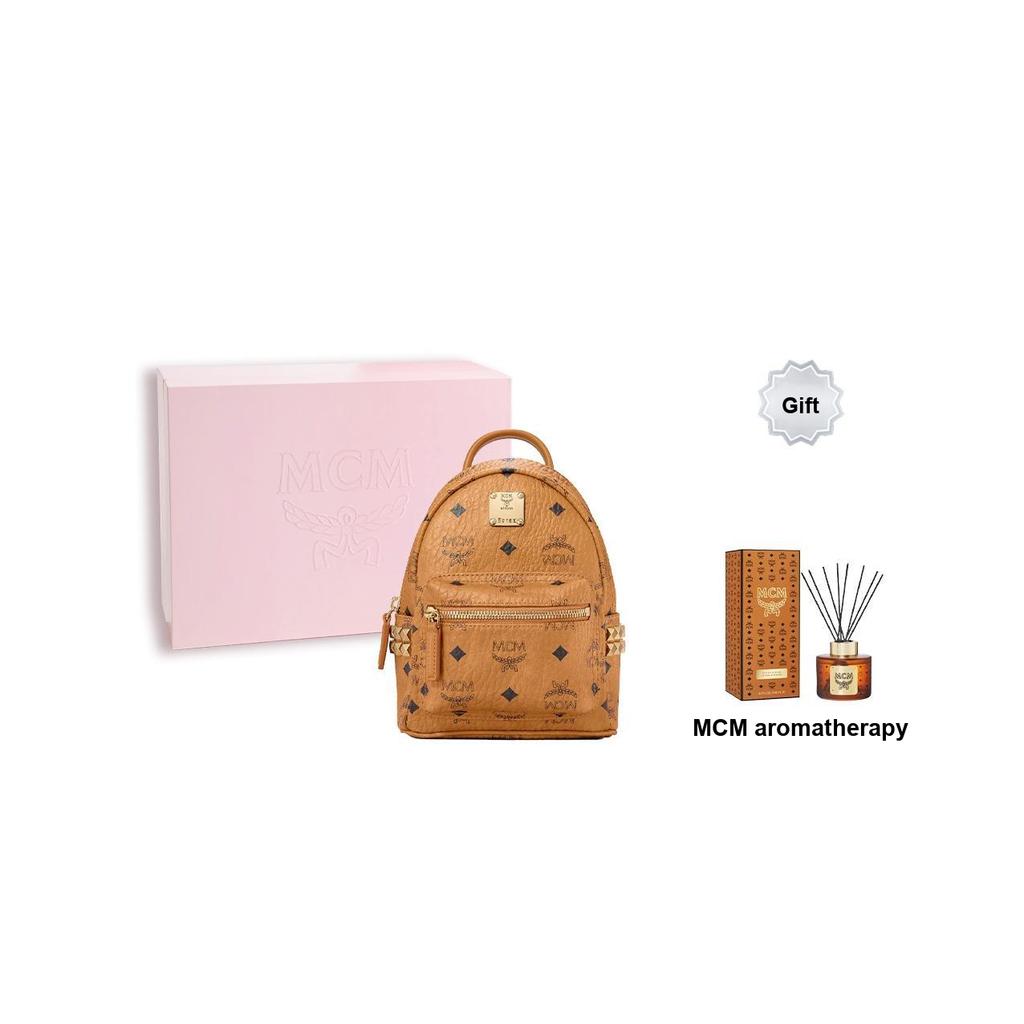 MCM Stark Classic Double-Sided Studded Coated Canvas And Leather Trim Backpack Mini Unisex Backpack Brown Cognac MMKAAVE13CO001
