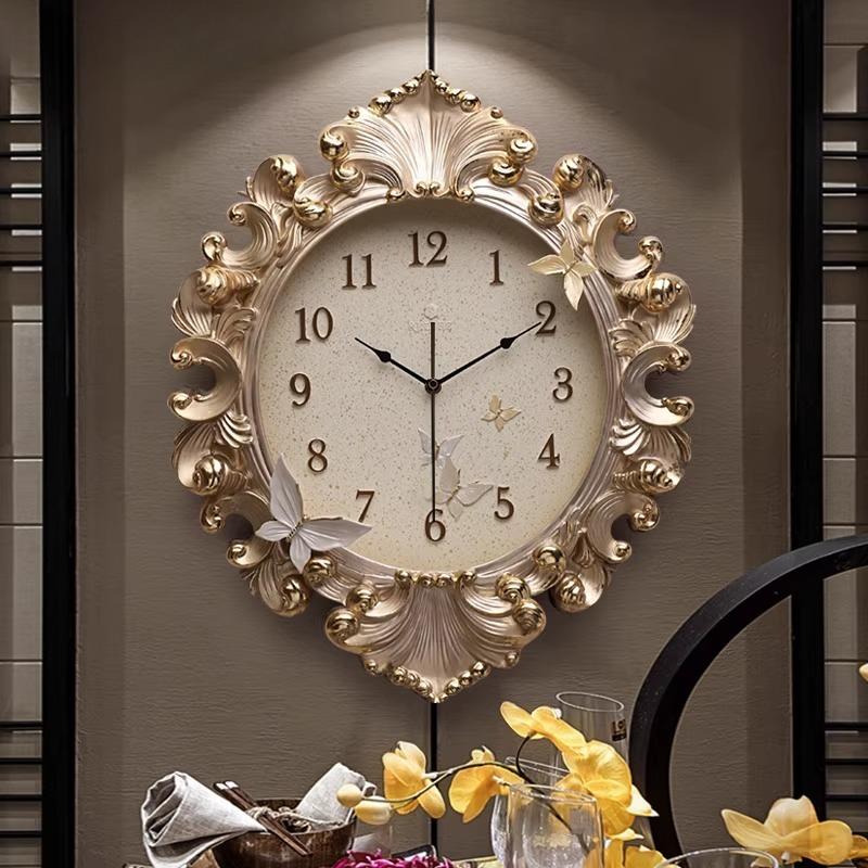 European Style Room Wall Clock Classical Golden Art Restaurant Clock Modern Retro Silent Clock Is Suitable For Home Decor (as the picture,Regular version)