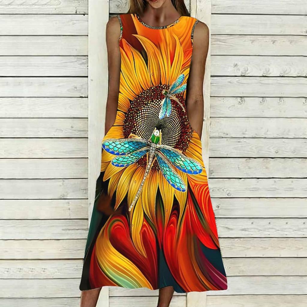 Ladies Oversized Sleeveless Crew Neck Dress Bright Mixed Tropical Foliage Flowy Calf Length Dress