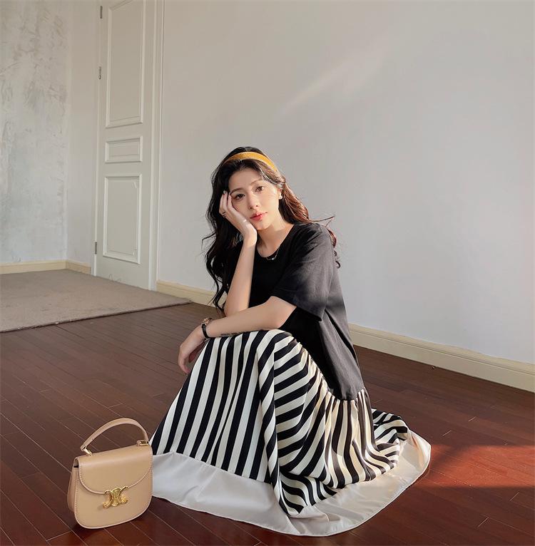 In-Stock 2025 Summer Plus Size Striped Color Block Ruched Skirt Dress
