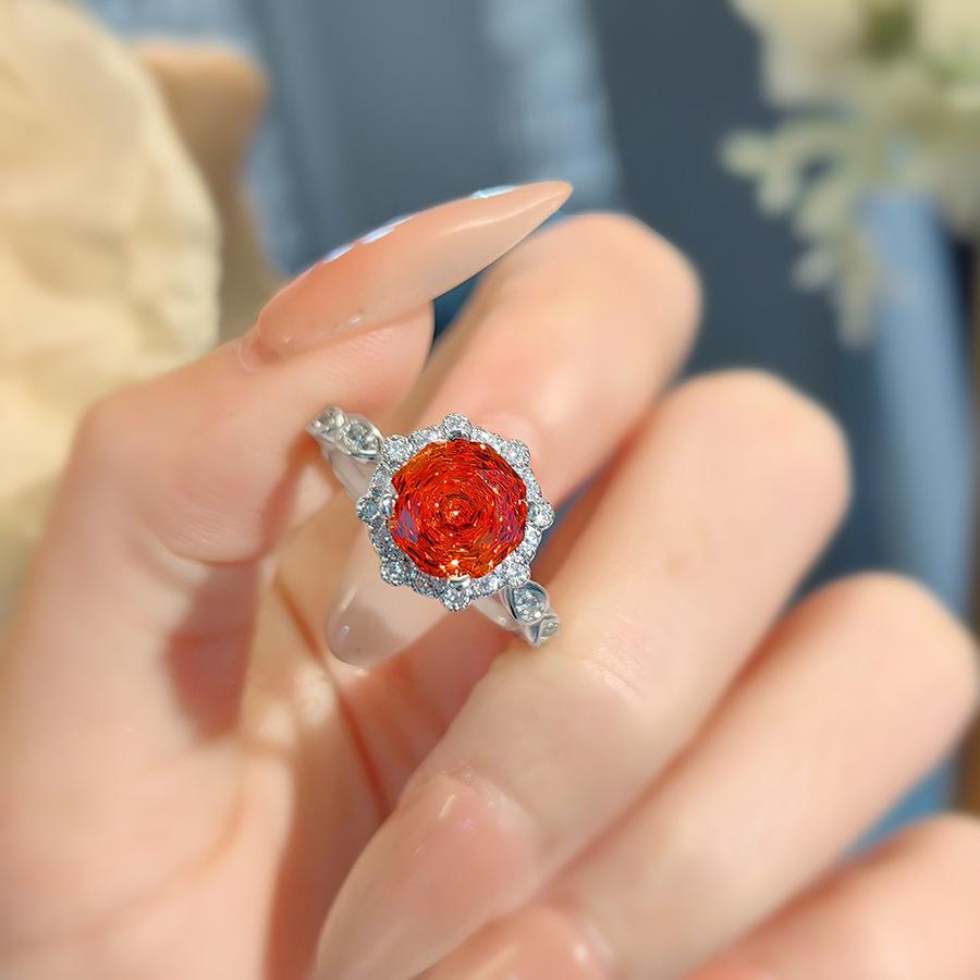 Rose Ring Octagonal Millennial Rose Cut Chinese Red Flower Necklace Pendant Set With High Carbon Diamond Stud Earrings Set
