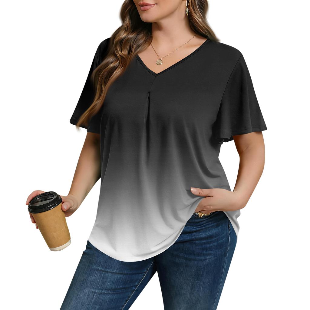 Damska Modna Codzienna Luźna Bluzka Plus Size z Krótkim Rękawem Elegancka z Dekoltem V Do Pracy