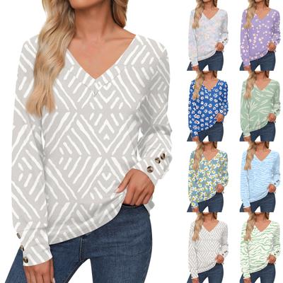 Women's Tops Floral Print Long Sleeve Shirt V Neck Casual Loose Tee Autumn Clothing