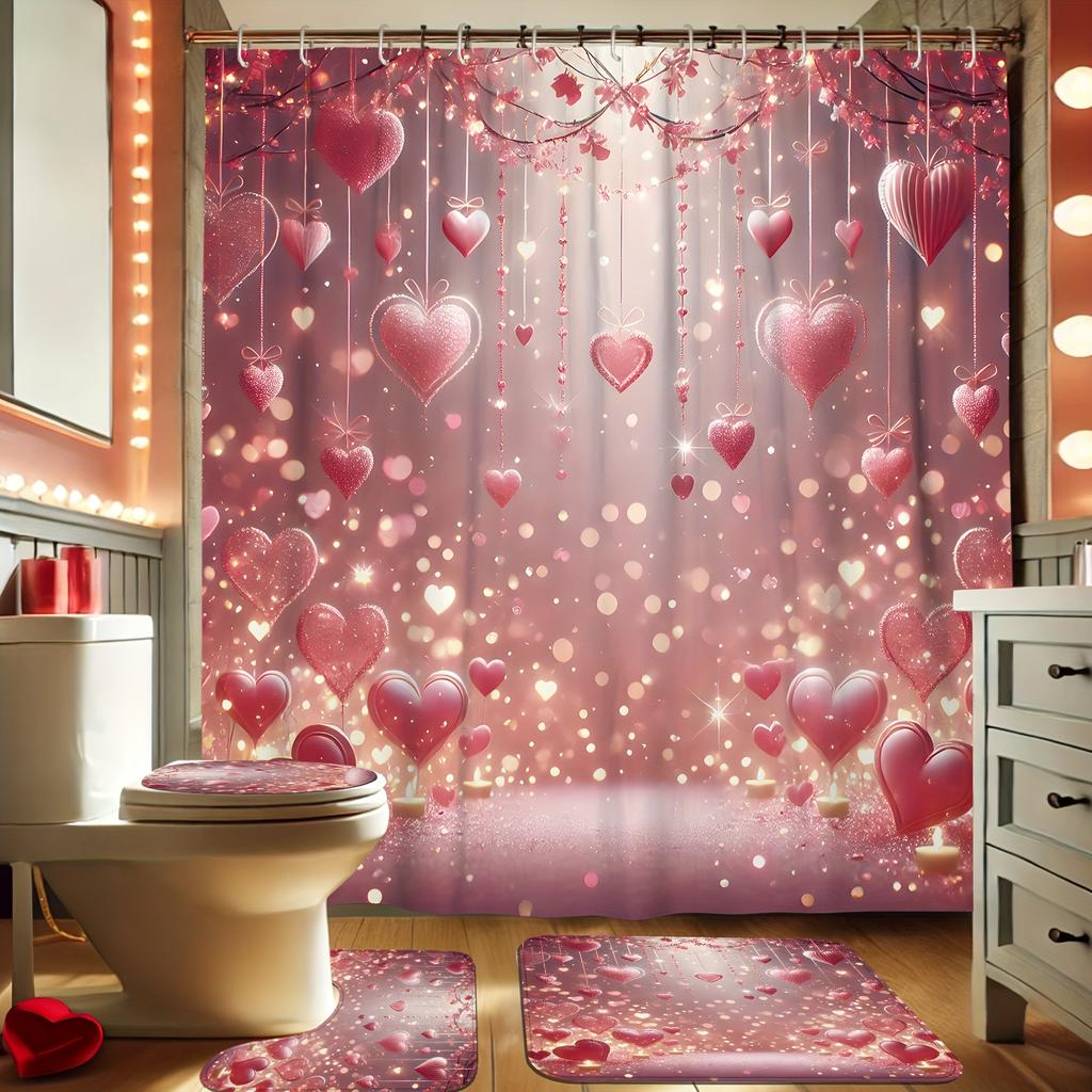 4Pcs happy valentine's day decoration Shower Curtain Set with Non-Slip Bath Mat, Toilet Lid Cover, Contour Rug & 12 Hooks, Bathroom Decor