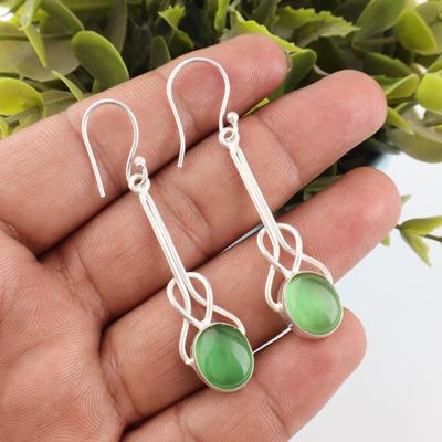 Grünes Katzenauge 925 Massiv Sterlingsilber Ohrringe, Handgefertigter Edelstein Ohrschmuck, Geschenke für Ehefrau Brandneue Ohrringe