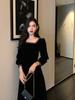 French golden velvet square neck long-sleeved dress women's autumn new thin retro black inner dress medium and long dress