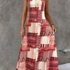 Summer Women's Geometric Print Maxi Dress Sleeveless Crew Neck Pocket Casual A-Line Long Sundress Vintage Loose Beach Vacation Dress