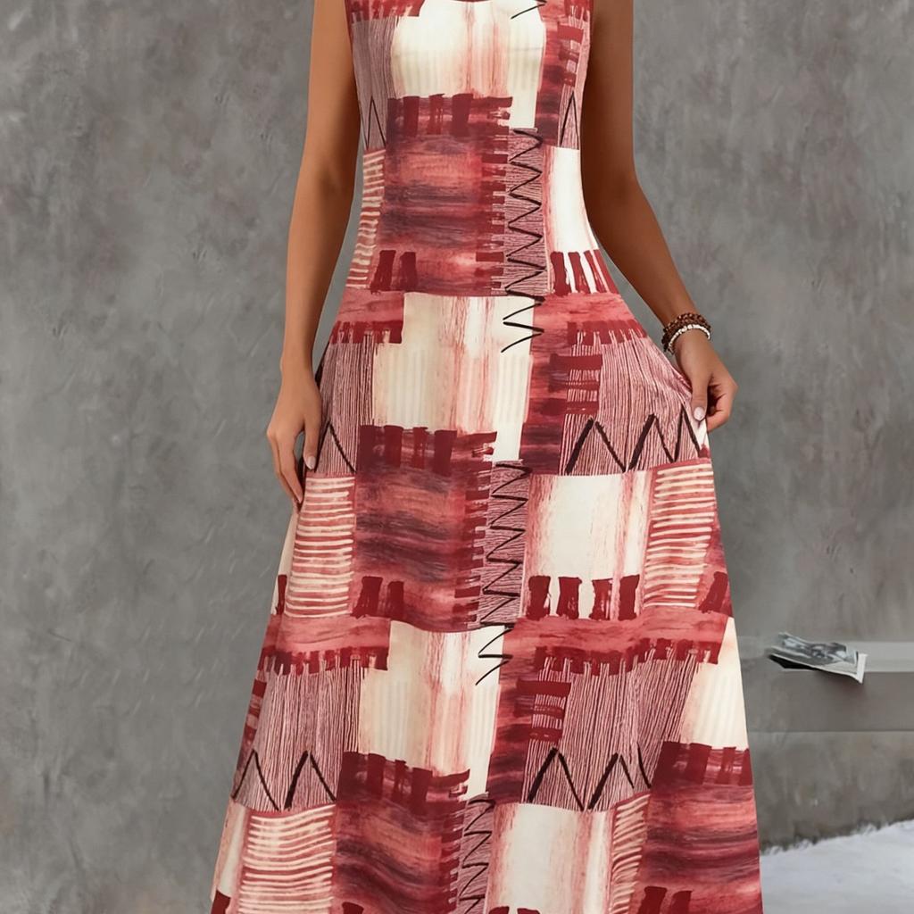Summer Women's Geometric Print Maxi Dress Sleeveless Crew Neck Pocket Casual A-Line Long Sundress Vintage Loose Beach Vacation Dress
