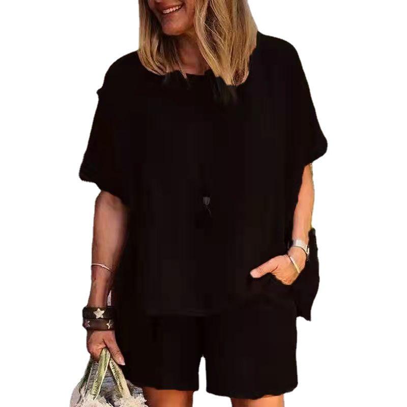 2022 Spring/Summer Fashion: Cotton Linen Two-Piece Set – Loose Short-Sleeved Top and Shorts.