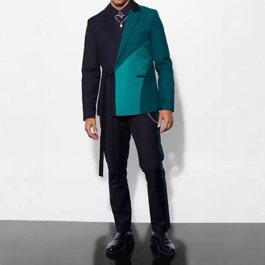 Módní tříbarevné sestřihové pánské plesové saka 2 ks s páskem, ženich, svatební smokingy, slim fit, vroubkovaná klopa Homme
