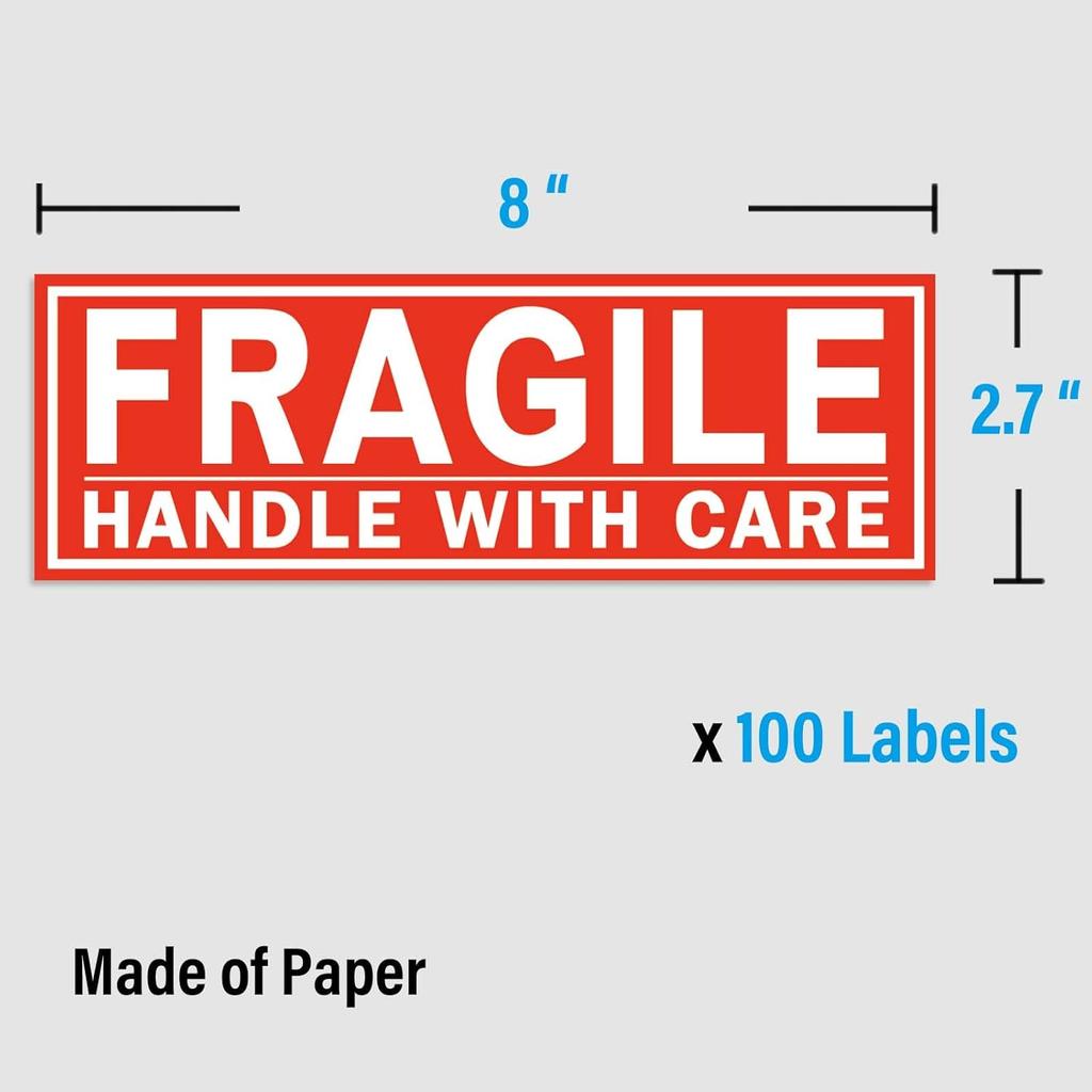 Fragile Stickers, Large Size 8 x2.7 in, Handle with Care, for Shipping Packing Moving, 100 Labels