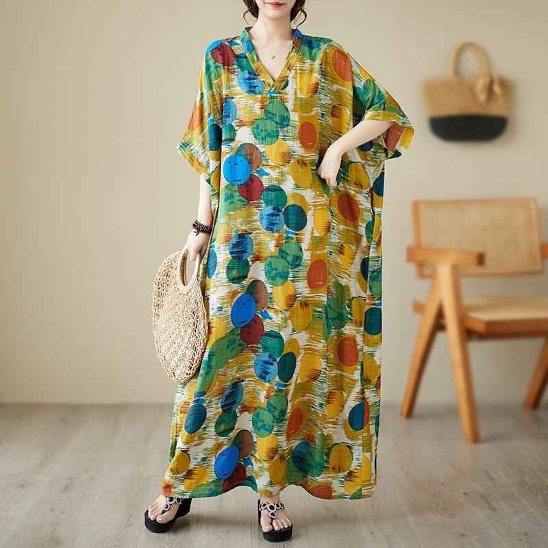Real Shot Summer Thin V-neck Cotton and Linen Large Size Loose Literary Holiday Style Beach Dress Long Women