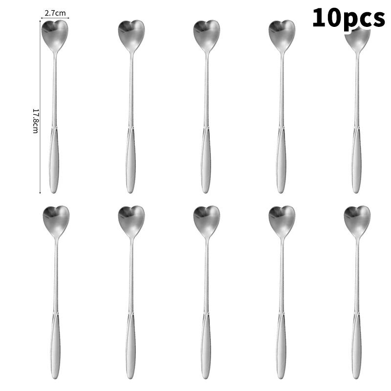 10-Piece Polished Stainless Steel Heart-Shaped Coffee Spoon Set - Durable Stirring Utensils For Home, Kitchen, And Dining Room