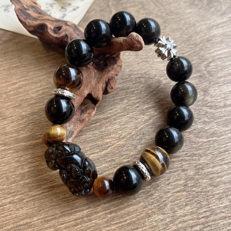 Natural Obsidian Pixiu Bracelet With Tiger Eye Beads Handmade Boho Chic Unisex Jewelry Daily Wear