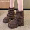 Fashion Women Suede Platform Ankle Boots Winter Mid Heels Shoes Woman 2025 Trend Designer New Snow Dress Motorcycle Boots Mujer Botas