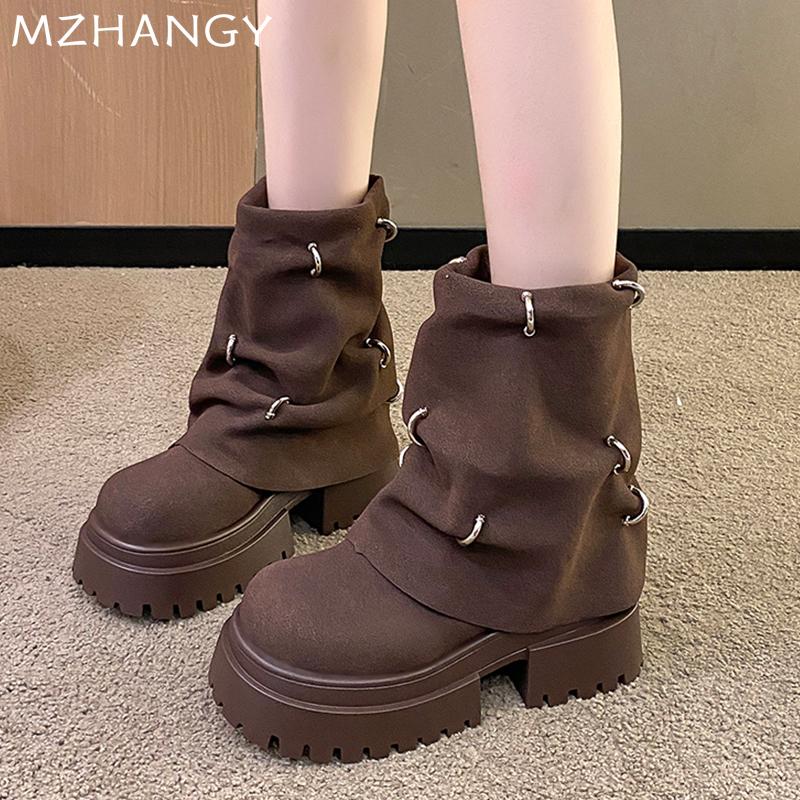 Fashion Women Suede Platform Ankle Boots Winter Mid Heels Shoes Woman 2025 Trend Designer New Snow Dress Motorcycle Boots Mujer Botas