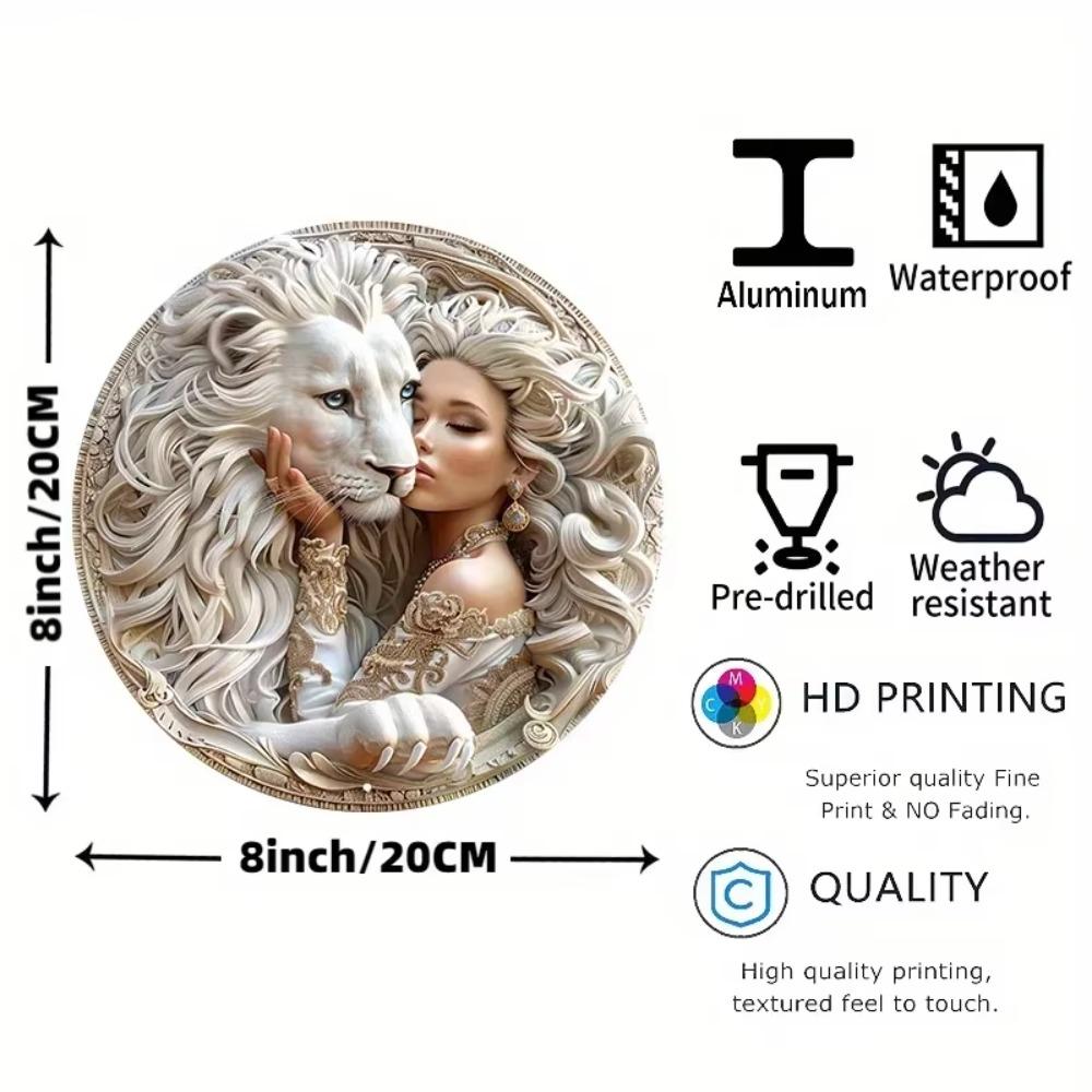 Femeie Uimitoare & Artă cu Leu Alb - Panou Metalic Rotund - Imprimare HD, Impermeabil, Rezistent la Intemperii, Decor de Perete