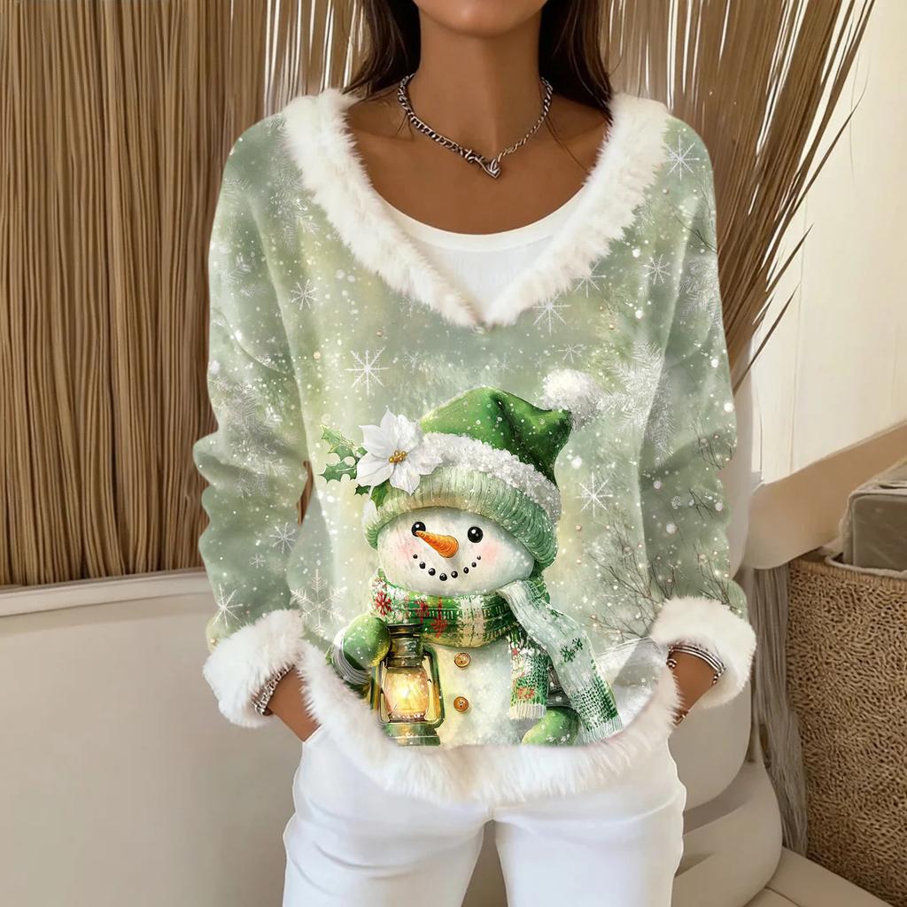 Women's Fashion Plush V Neck Pullover Top Long Sleeve Tee Christmas Printed Sweatshirt