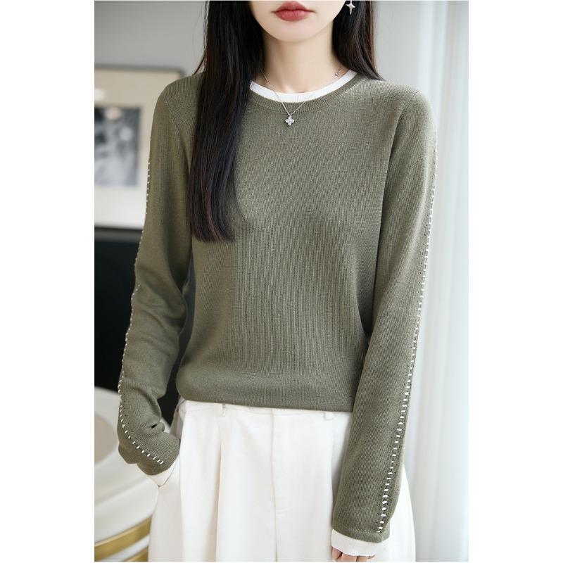 Autumn and winter worsted wool sweater crew neck knitted sweater long sleeve women's color matching loose pullover bottoming shirt top