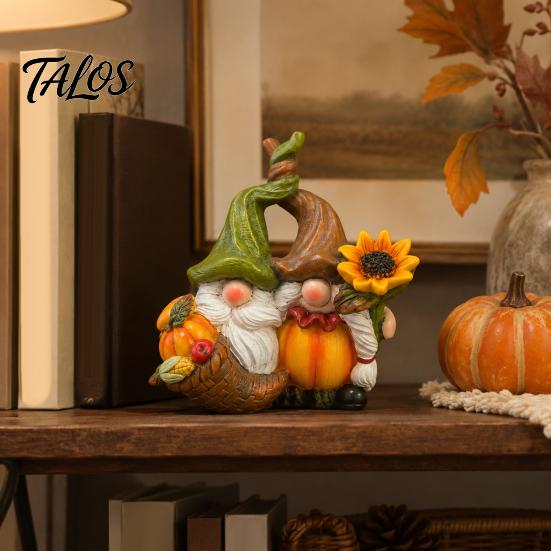 Decorative Crafts for Fall Gnome Ornament, Resin Autumn Harvest Figurines with Pumpkin And Collectible Couple Sunflower Decor Thanksgiving Halloween,