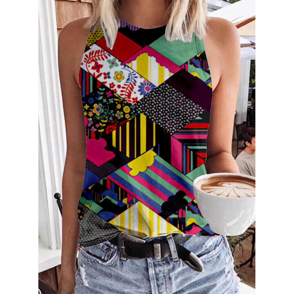 Women's Geometric Rainbow 3D Printed Sleeveless T-shirt, Round Neck Off Shoulder Casual Tank Top, Y2K Sleeveless T-shirt, Women's Summer Dress