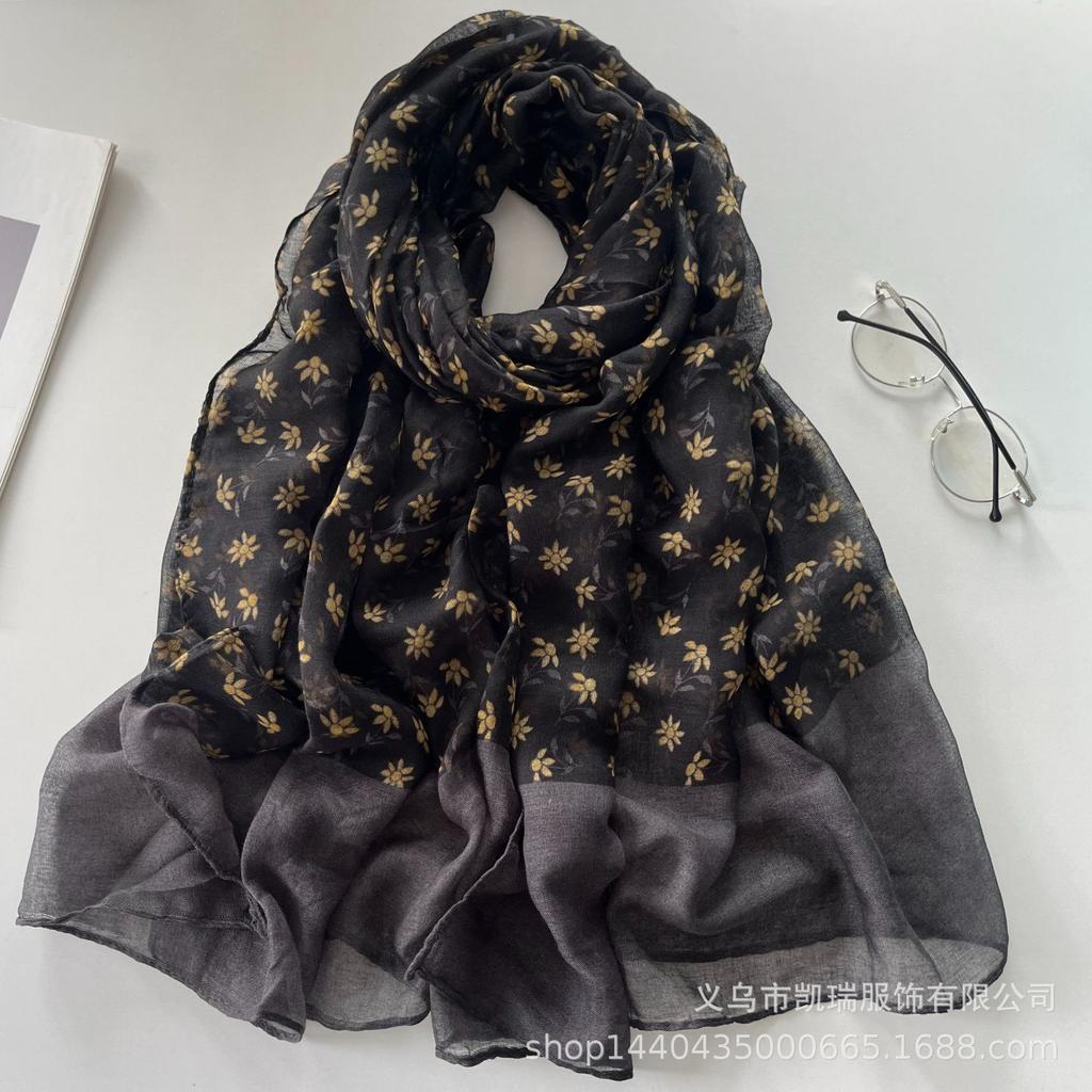 Women's Ethnic Floral Scarf: Autumn/Winter Voile Shawl, Cotton Linen Blend, Lightweight & Stylish.