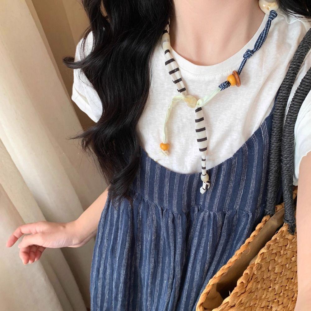 Strip Wood Bead Necklace Clavicle Chain Bohemian Choker Patchwork Cloth Chain Necklace  Girls