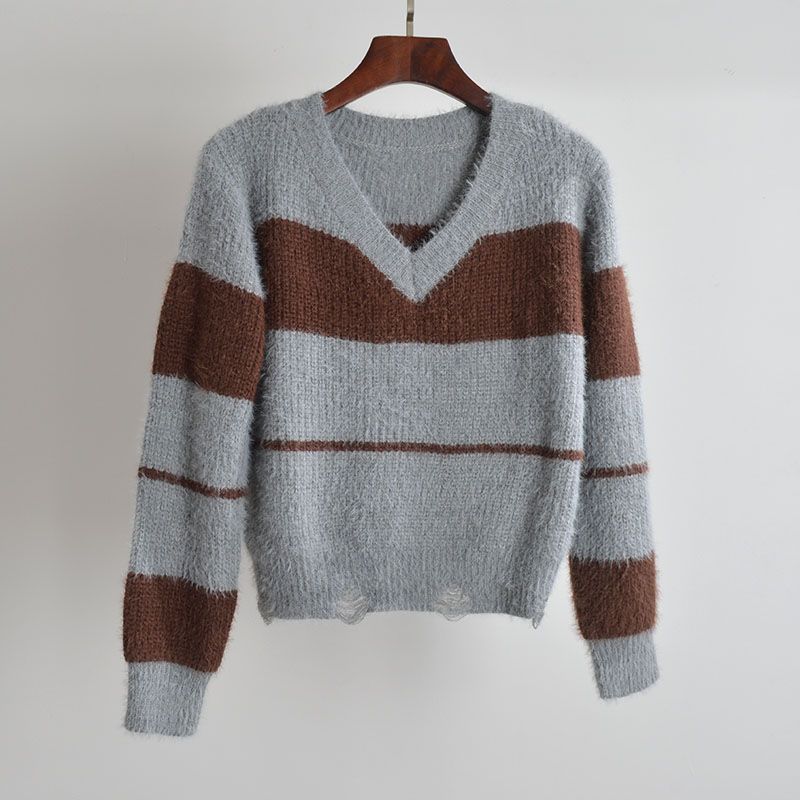 Fall and Winter Mixed Color Stripe V Neck Pullover Knitwear Women's Clothing Idle Style Loose Soft Glutinous Long Sleeves Sweater Outer Tops