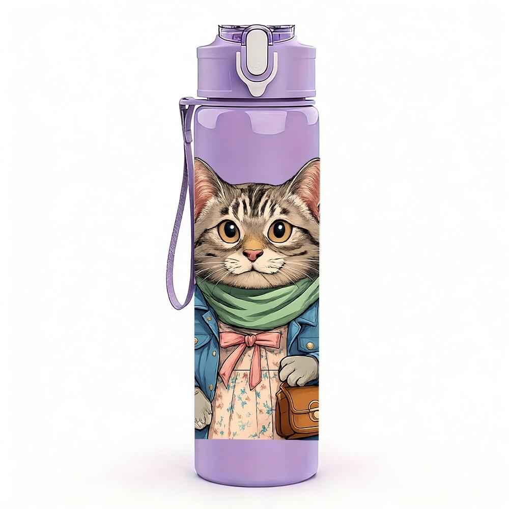 1PC Scarf Gentle Cat Cartoon 750ml Color Plastic Sports Water Bottle Leakproof Flip Straw Lid Suitable for Sports Office Home Use