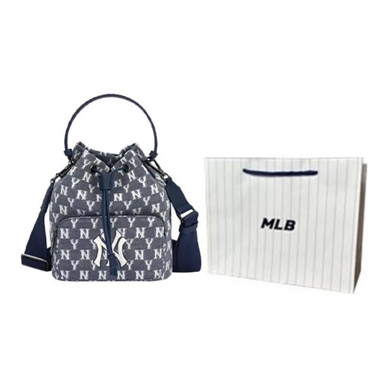 MLB Monogram Series NY Yankees Retro Floral Print Drawstring Closure Bucket Bag Unisex Bags Denim-Blue 32BG34111-50N