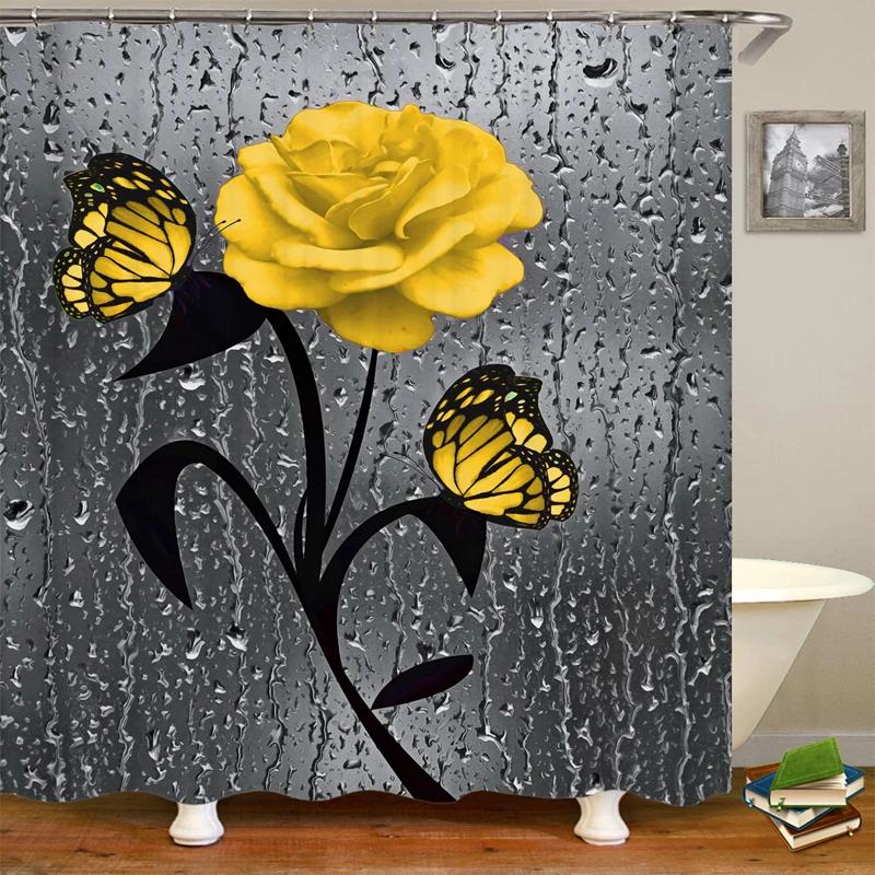 Blooming Flowers Rose Butterfly Shower Curtain Waterproof Modern Bathroom Decor, Waterproof Fabric Shower Curtain with Hooks