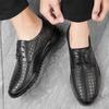 Men's shoes 2025 summer new fashion trend British style driving casual shoes round head lace-up hollow breathable leather shoes