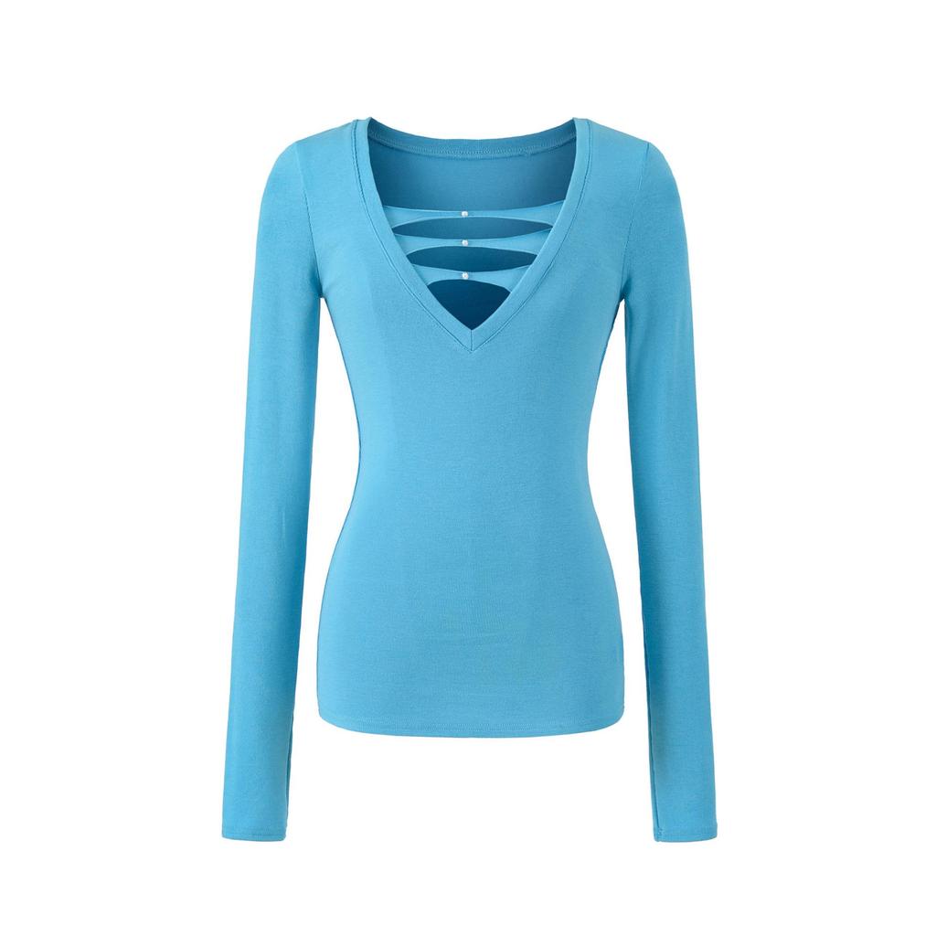 Spicy V-neck Pearl Hollow Long Sleeve Knit T-shirt - Women's Autumn Winter Slim Fit Base Layer