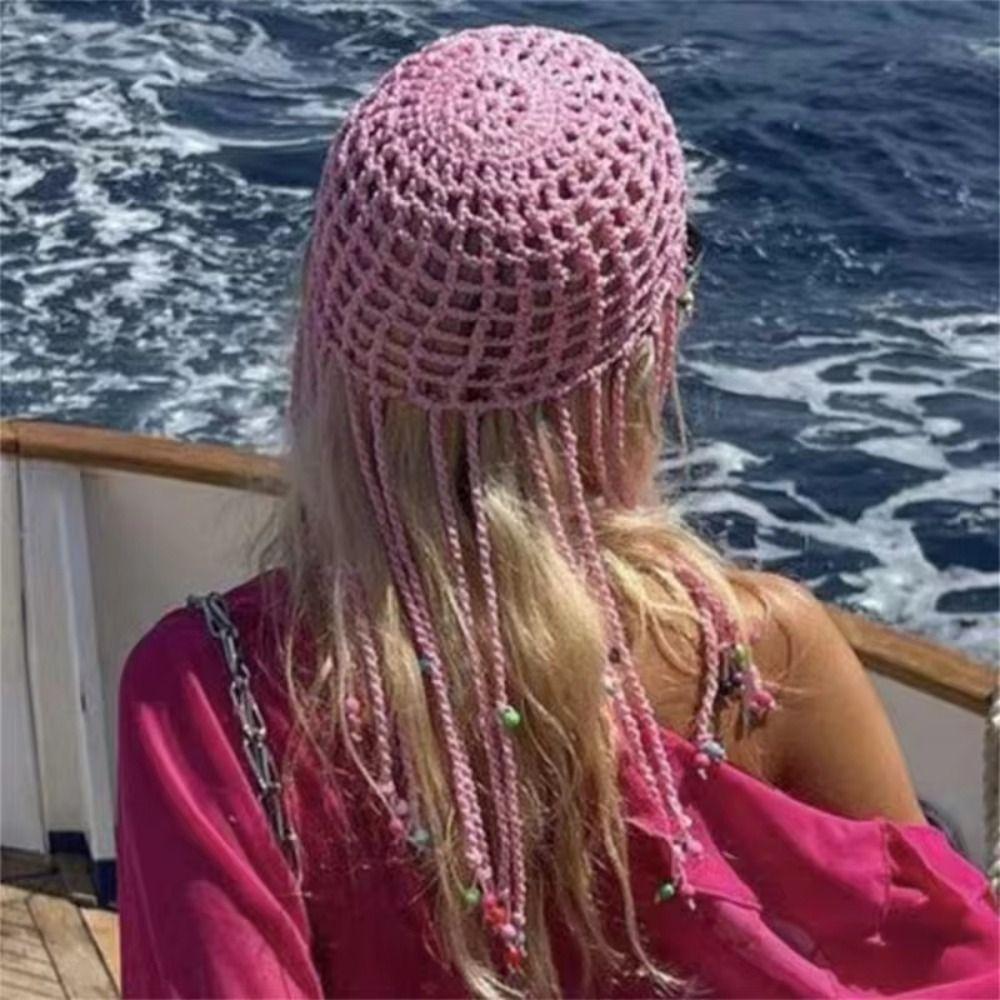 

Hollowed Out Beret Cap Y2k Skullies Hat Breathable Knitted Hat for Women зелений