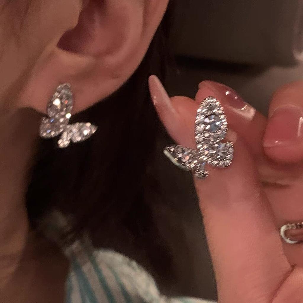Shining~ Full Diamond Butterfly Stud Earrings Niche Design Sense Premium Earrings Year Tide Earrings Women'S Summer