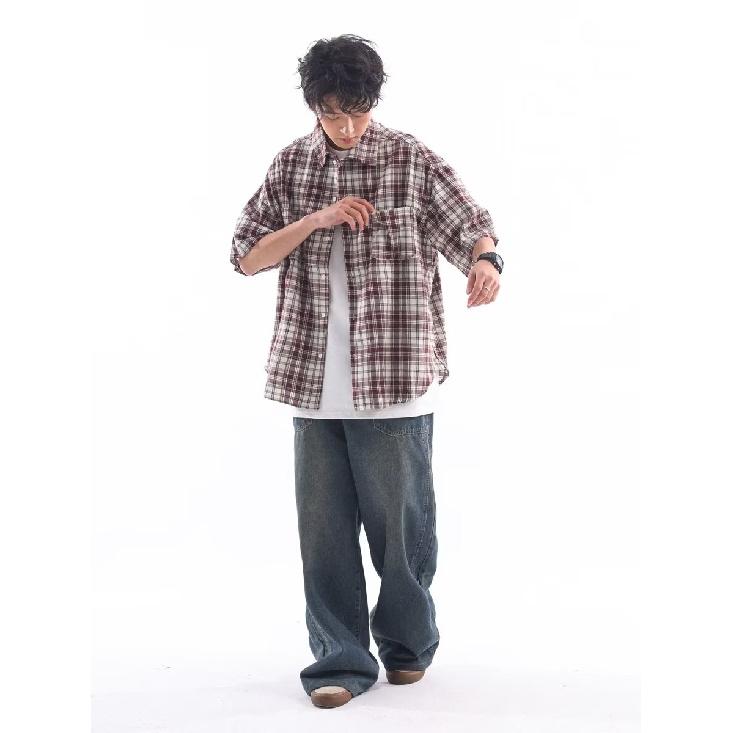 Summer New Color Blocked Plaid Lapel Shirt Japanese Retro Pocket Decoration Short Sleeved Shirt