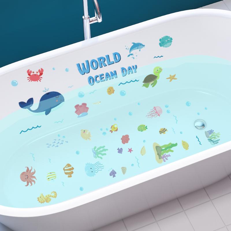 6Pcs/Set Bathtub Decoration Anti-Slip Bathtub Stickers Cartoon Coral Crab Small Fish Pattern Stickers Bathroom Pvc Frosted Batht
