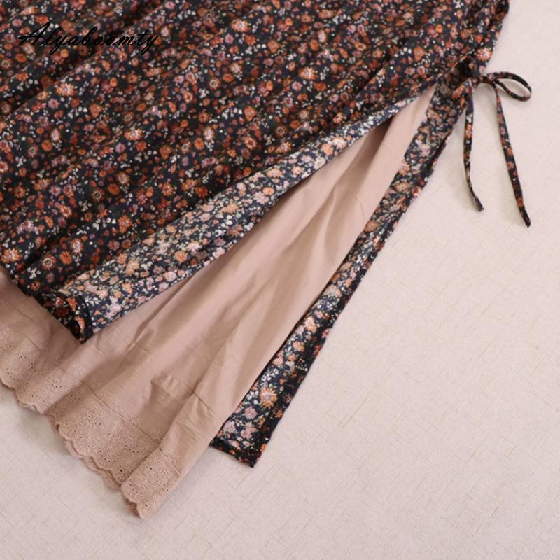 Japanisches Mori-Mädchen Frühling Herbst Damen Midikleid Rüschenkragen Blumendruck Patchwork Retro Kleid Vintage Baumwolle Leinen Stickerei Aushöhlen Kleid