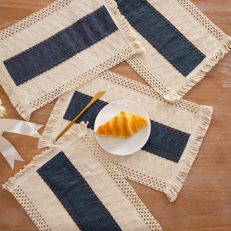 1pcs Boho Placemats Set Natural Cotton Burlap Farmhouse Place Mats with Tassels for Home Dining Wedding Table Kitchen Decor