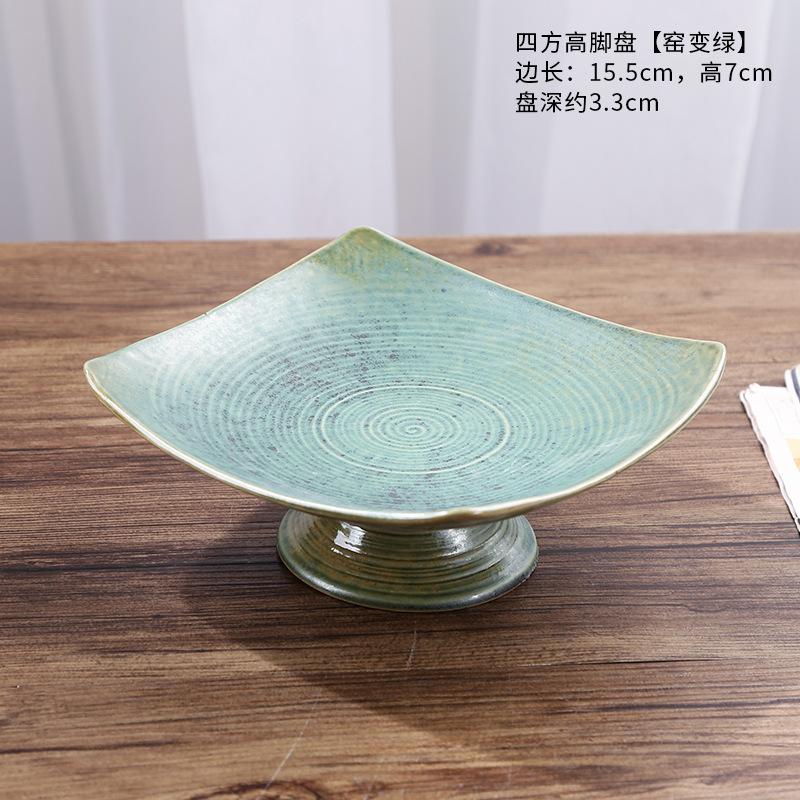 Chinese Retro Glazed Ceramic Plate High Foot Fruit Dish Japanese Zen Tea Tray for Home