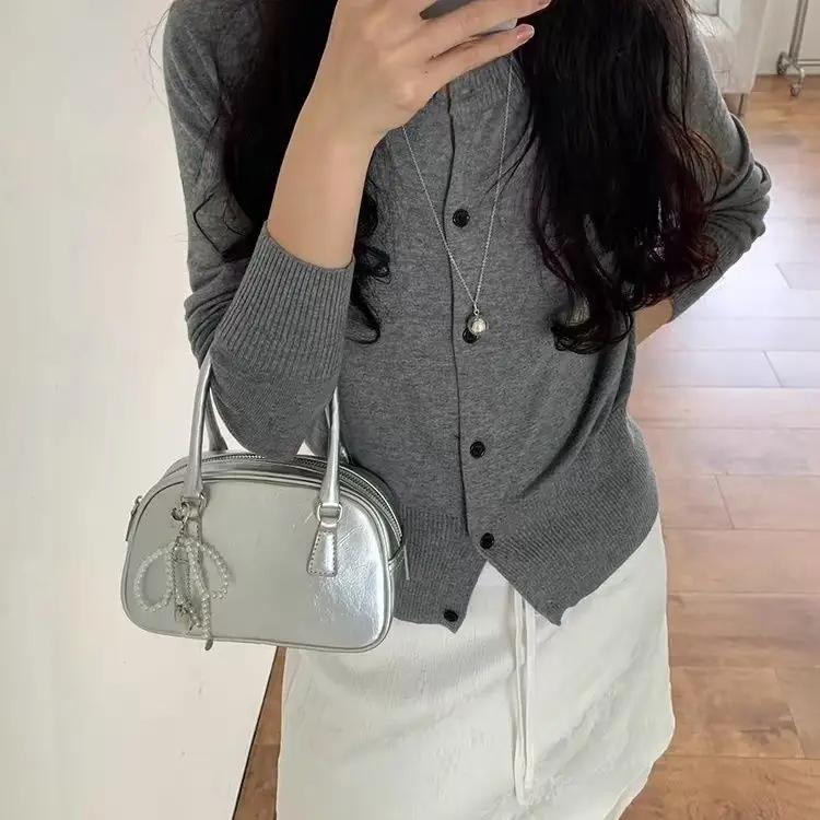 Mini Korean PU Leather Bag for Women  Silver Bowling Shoulder Bag  Girls Crossbody Bag  Fashion  Summer  New